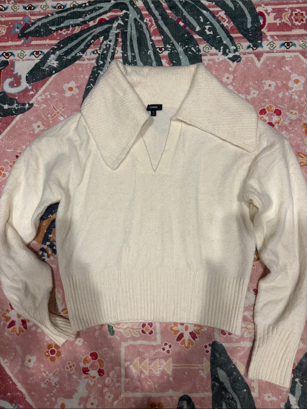 Express Cream V-Neck Collared Knit Sweater